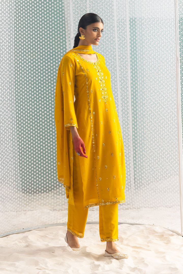 Mustard Embellished Straight Kurta Set