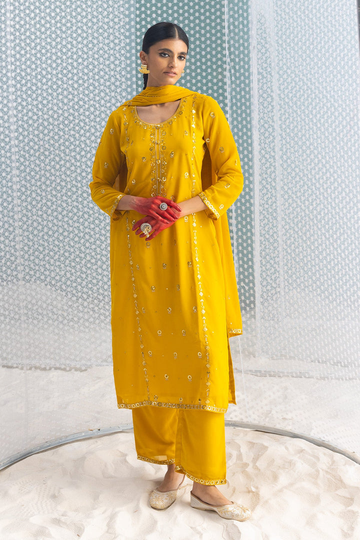 Mustard Embellished Straight Kurta Set