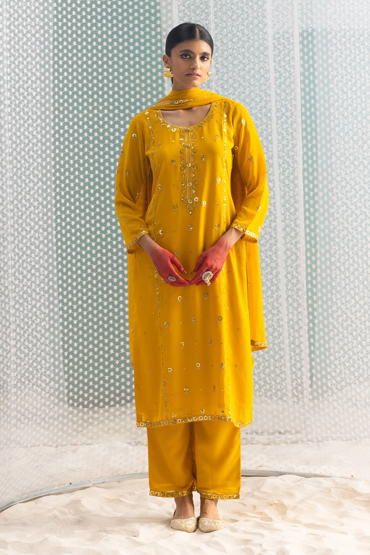 Mustard Embellished Straight Kurta Set