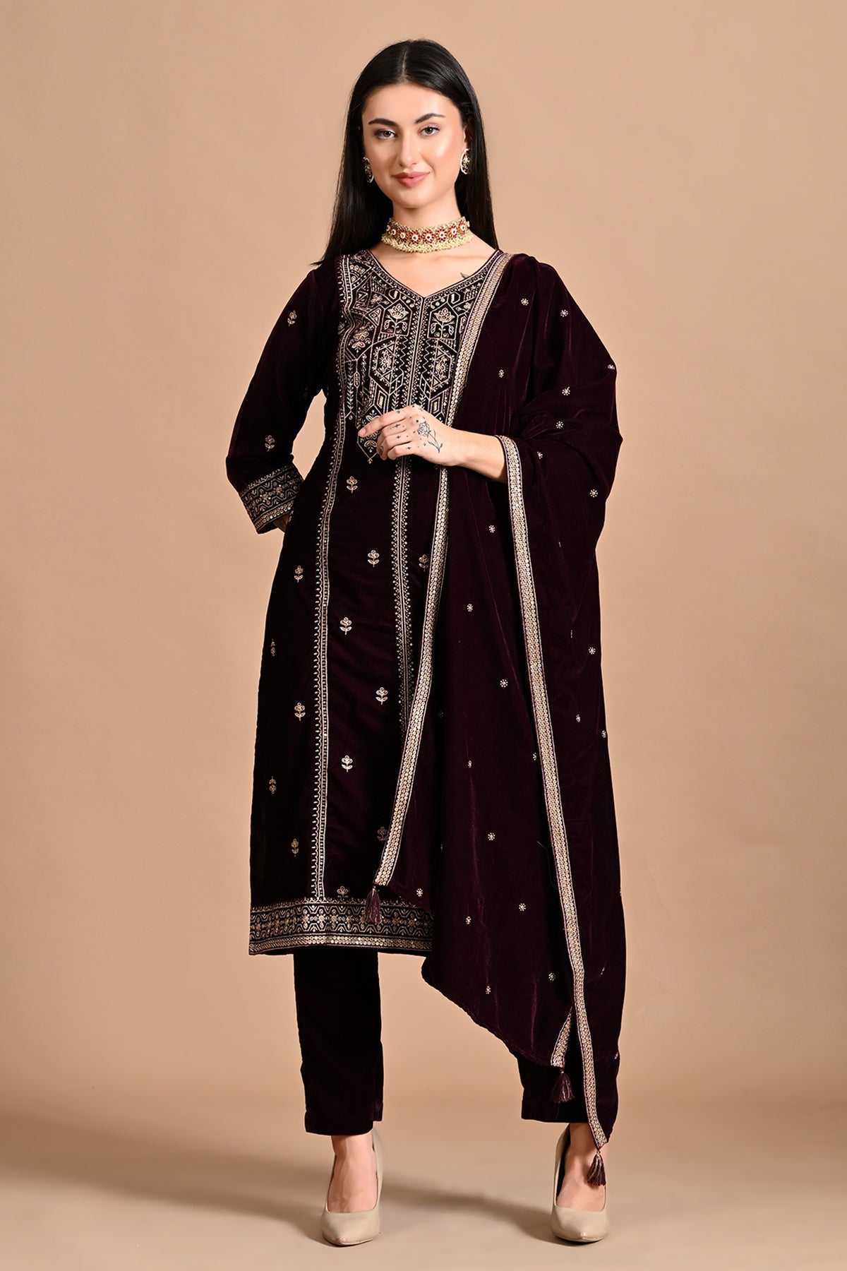 Purple Zari-Embroidered Kurta 3 Pcs Set