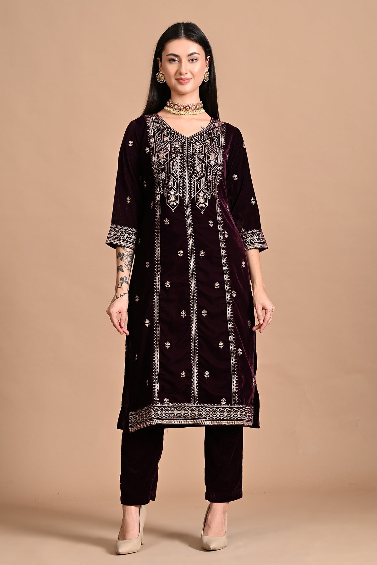 Purple Zari-Embroidered Kurta 3 Pcs Set