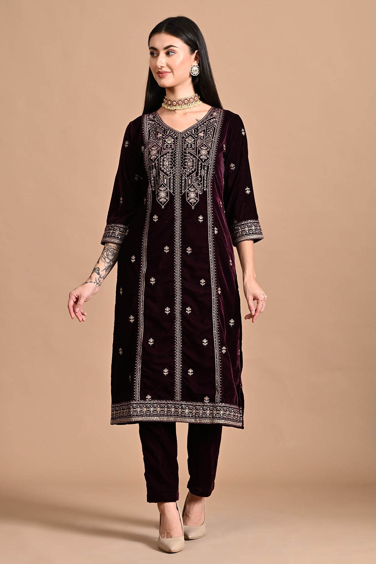 Purple Zari-Embroidered Kurta 3 Pcs Set