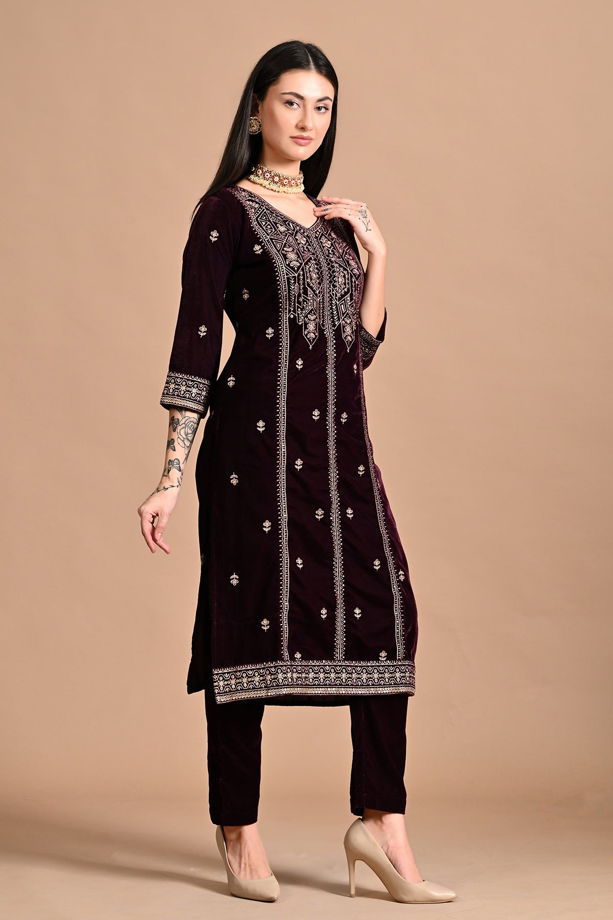 Purple Zari-Embroidered Kurta 3 Pcs Set