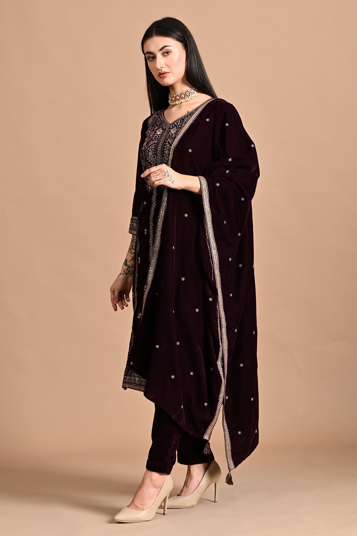 Purple Zari-Embroidered Kurta 3 Pcs Set