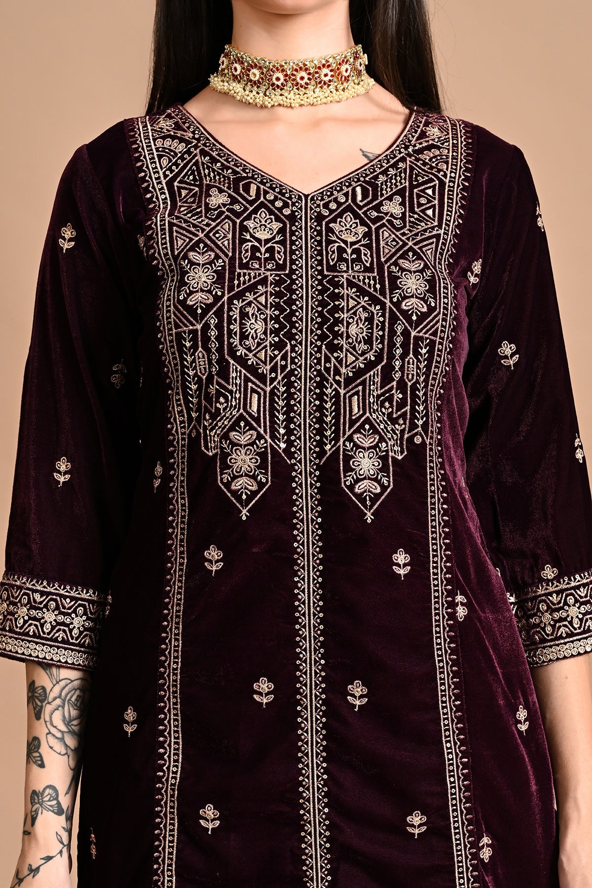 Purple Zari-Embroidered Kurta 3 Pcs Set