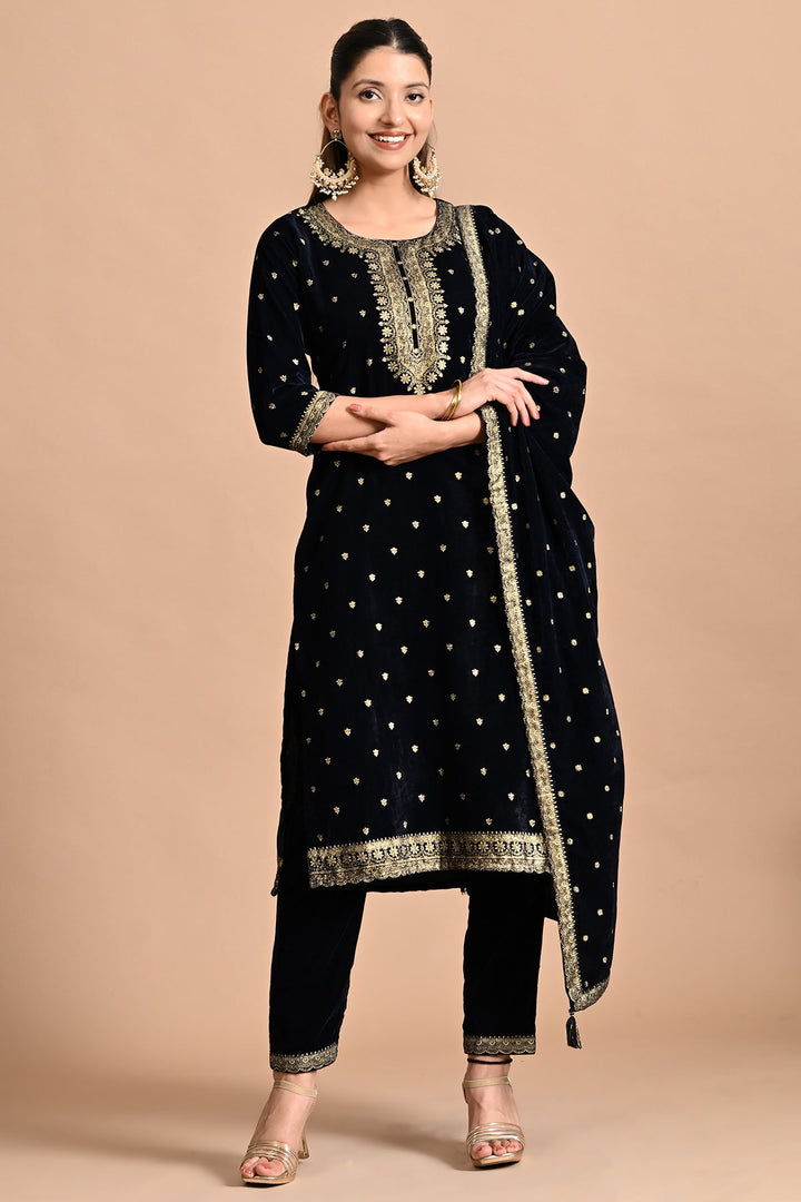 Blue Velvet Printed Kurta Set