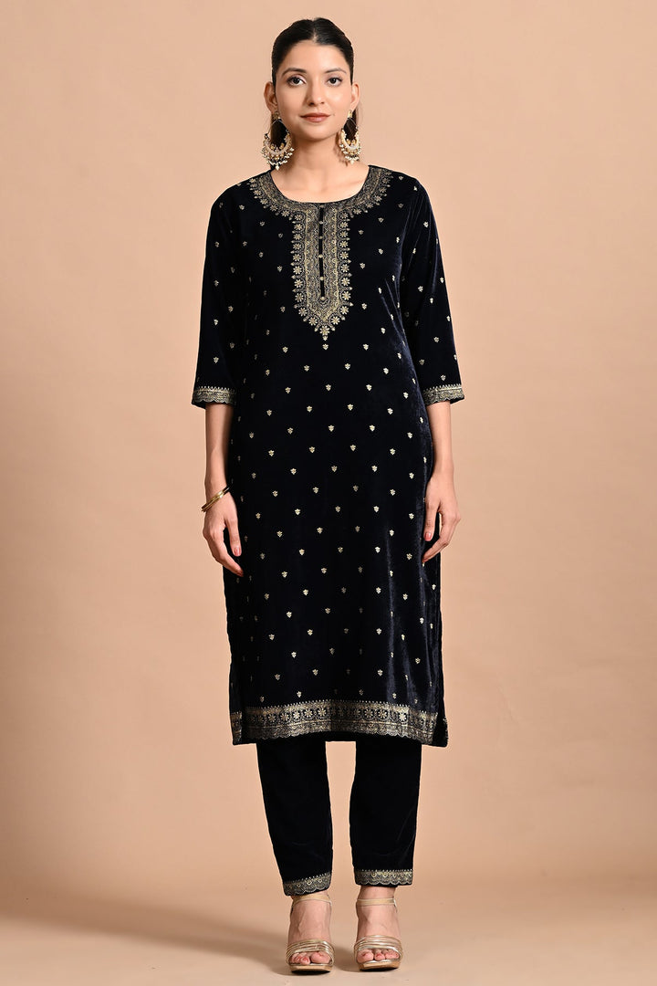Blue Velvet Printed Kurta Set