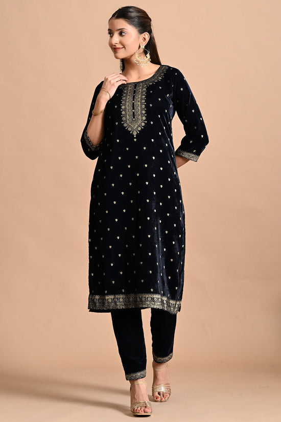 Blue Velvet Printed Kurta Set