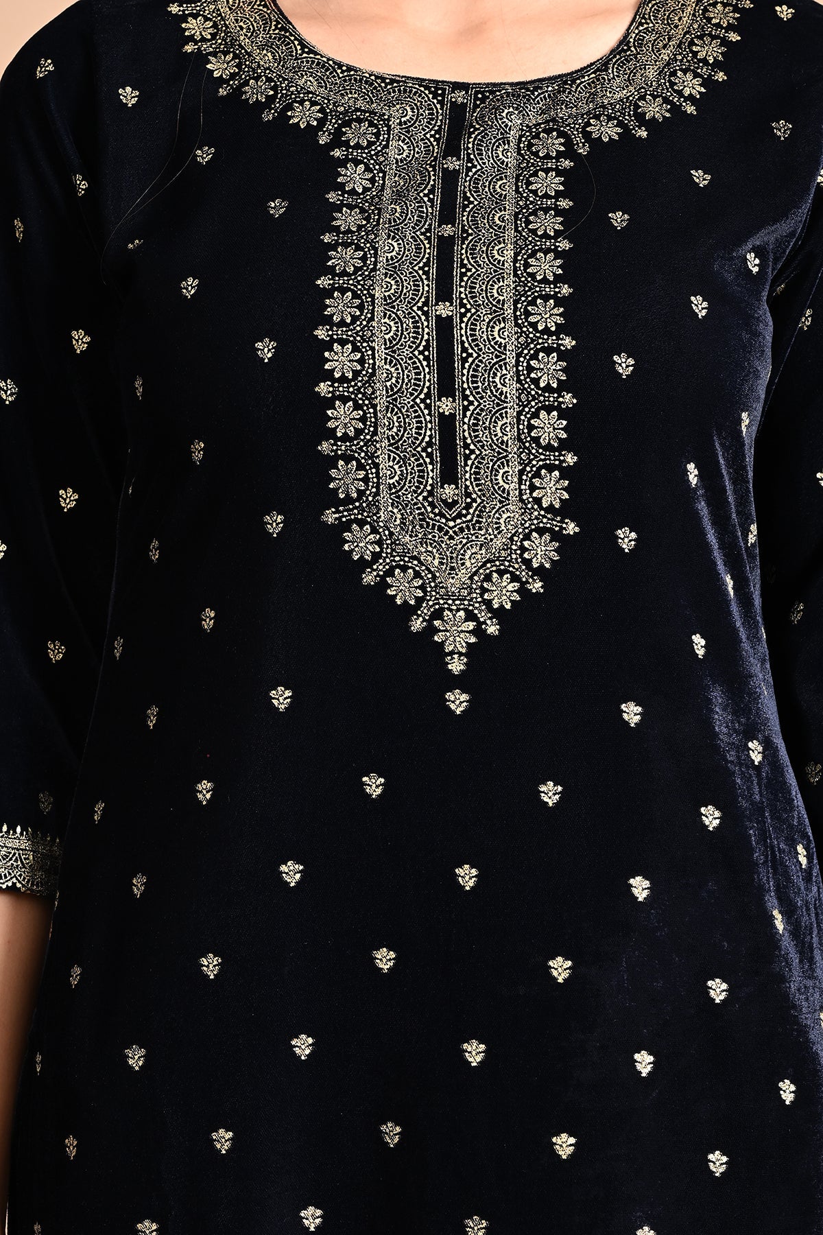 Blue Velvet Printed Kurta Set