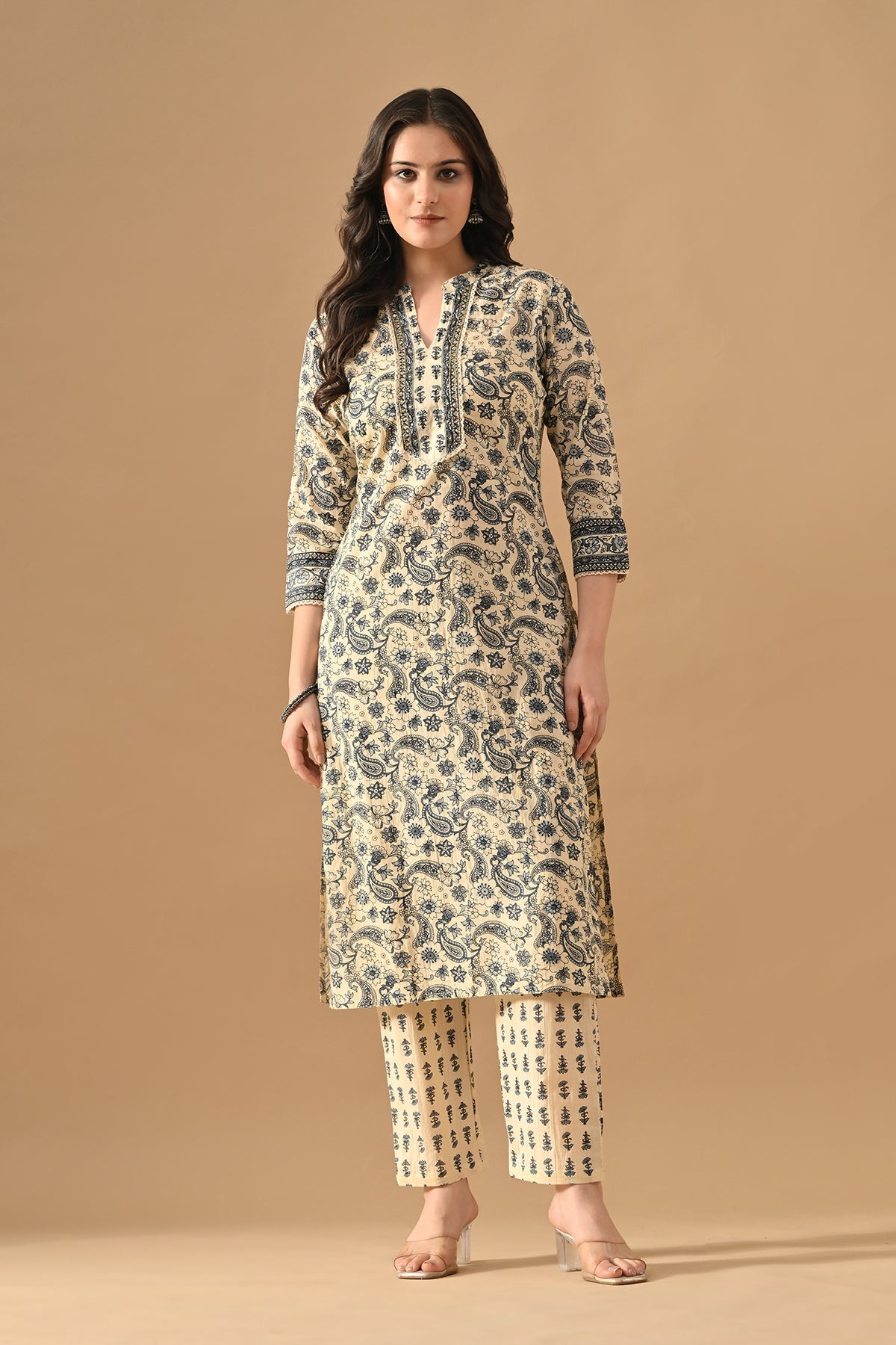 Cream Printed Kurta Set
