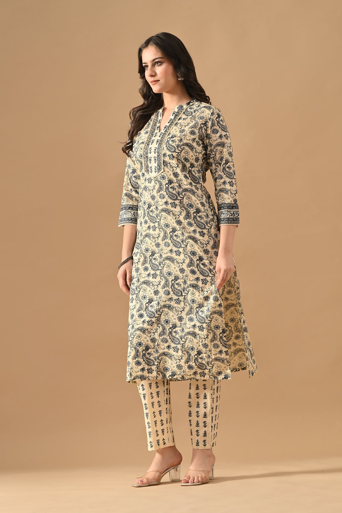 Cream Printed Kurta Set