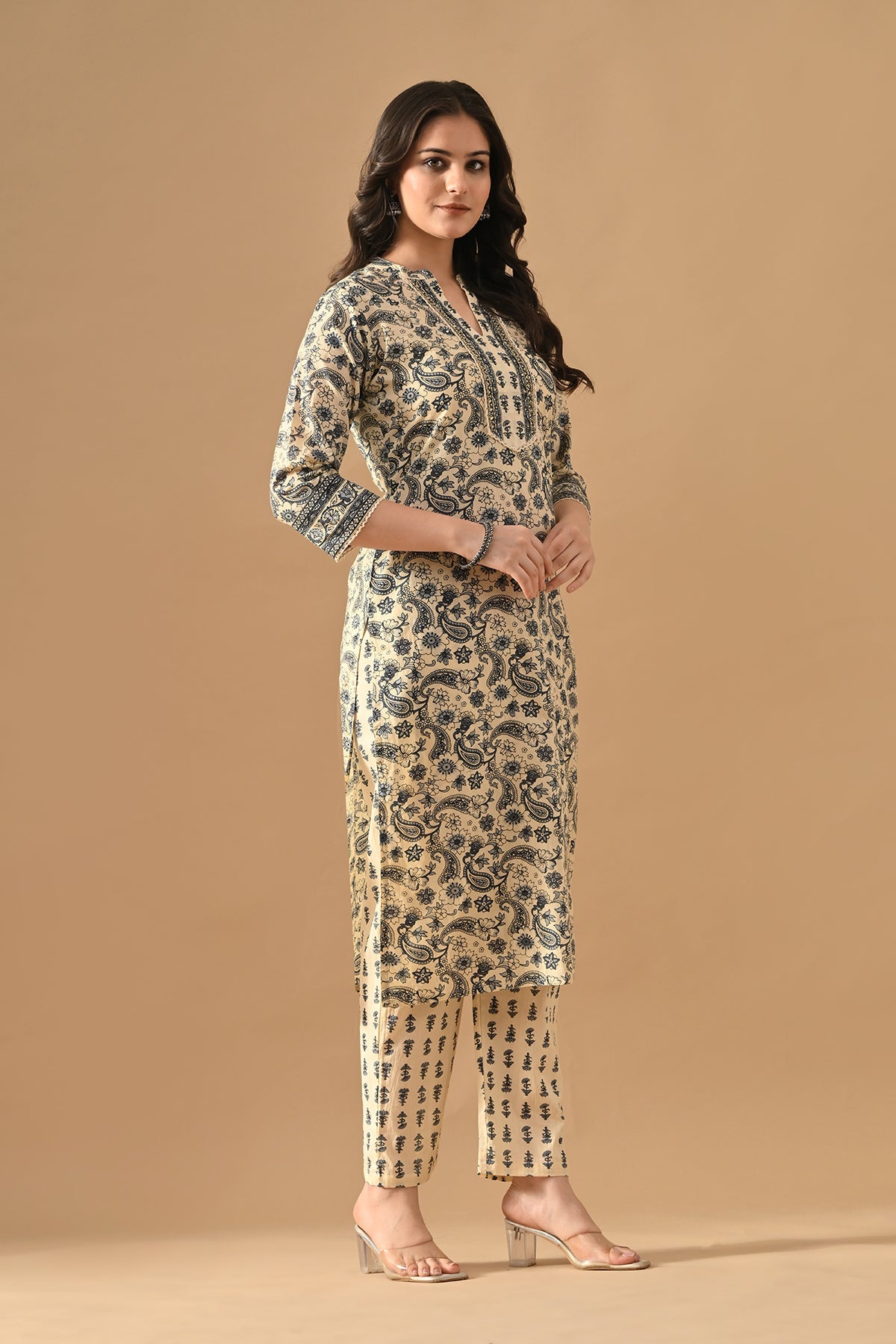Cream Printed Kurta Set