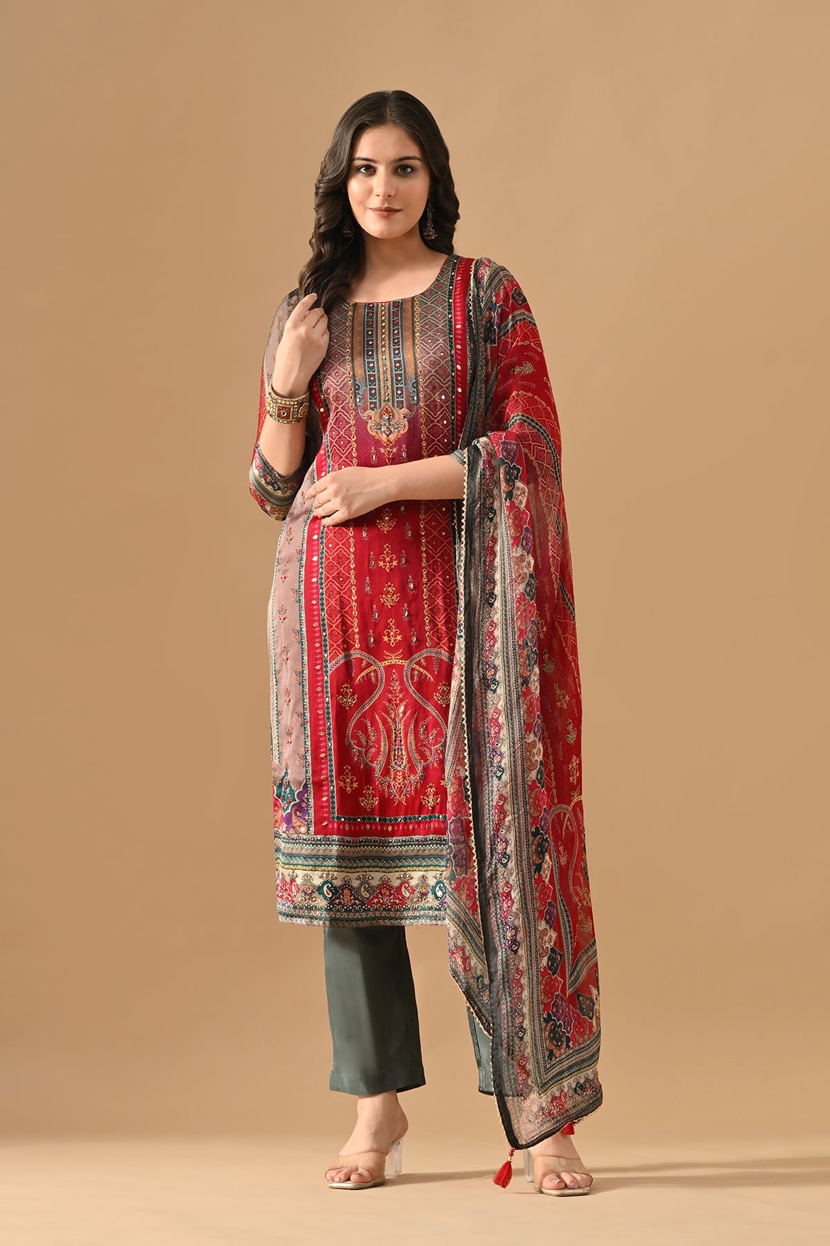 Grey Embellished Kurta 3 Pcs Set