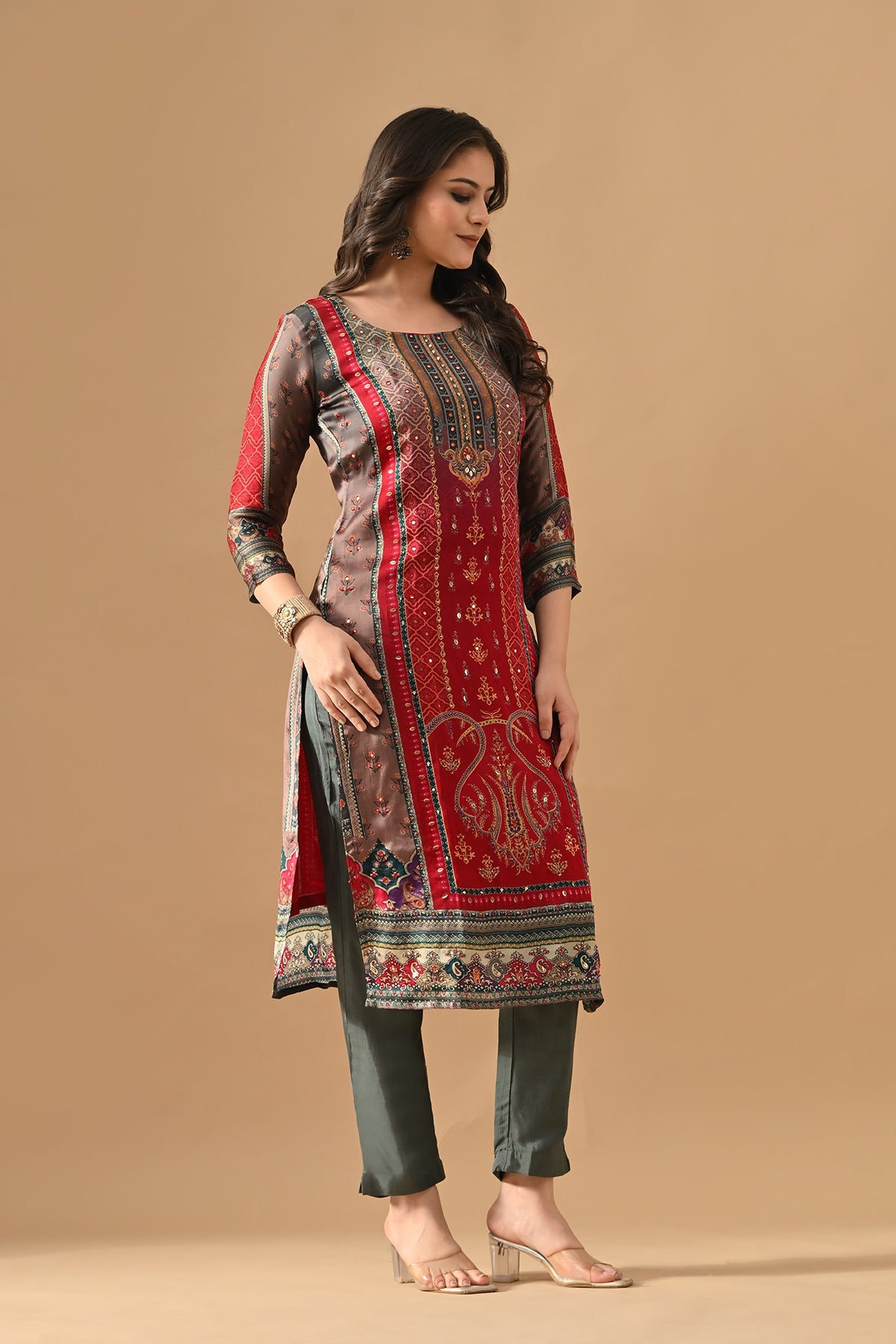 Grey Embellished Kurta 3 Pcs Set