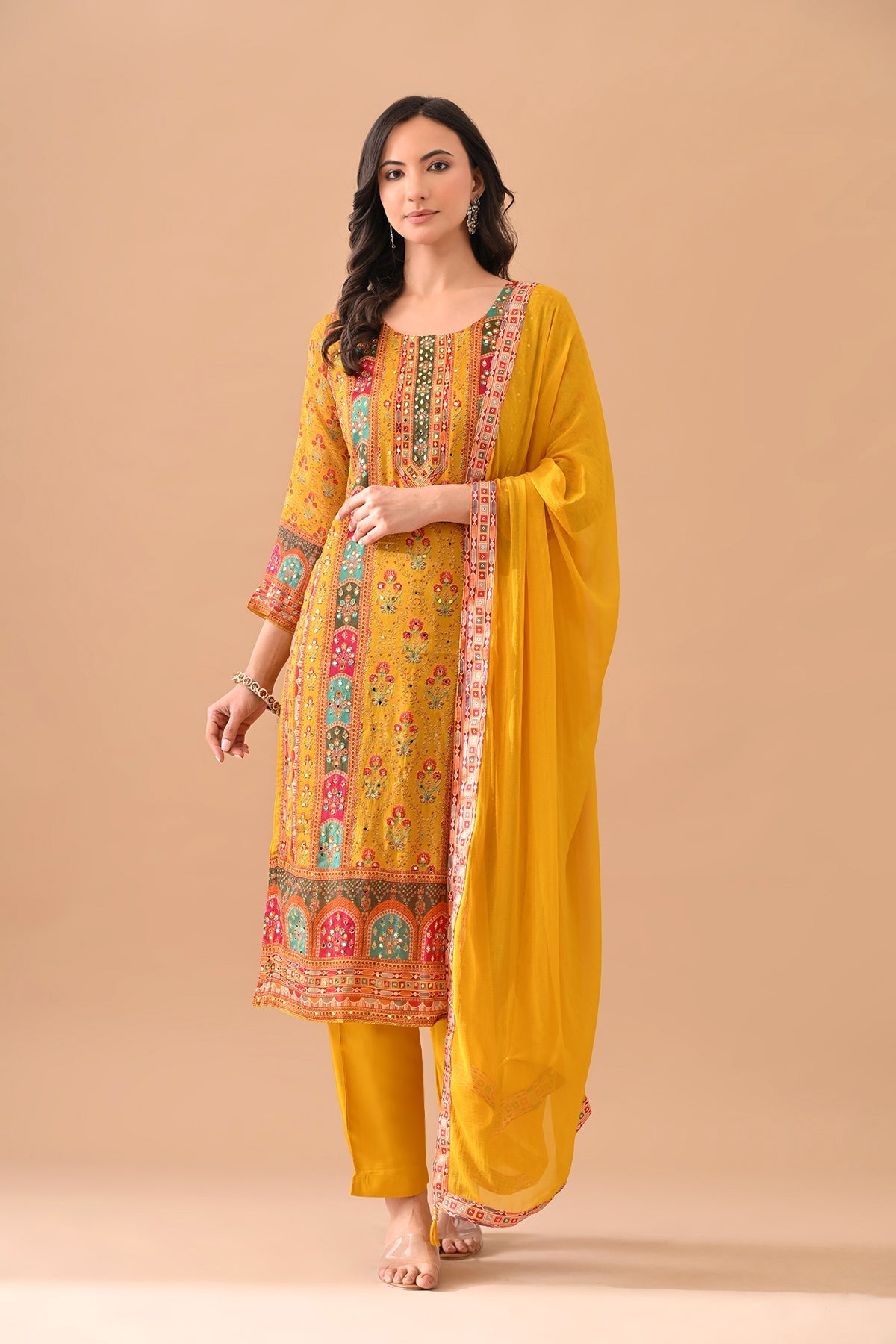 Mustard Embellished Kurta 3 Pcs Set