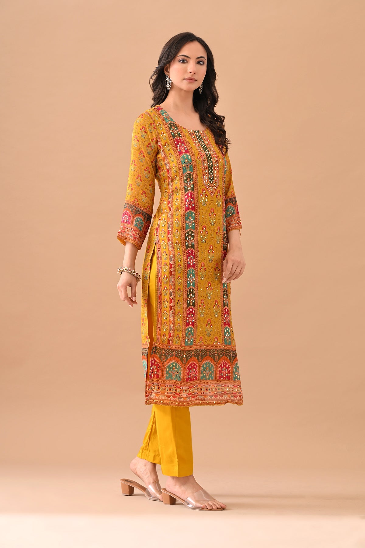 Mustard Embellished Kurta 3 Pcs Set