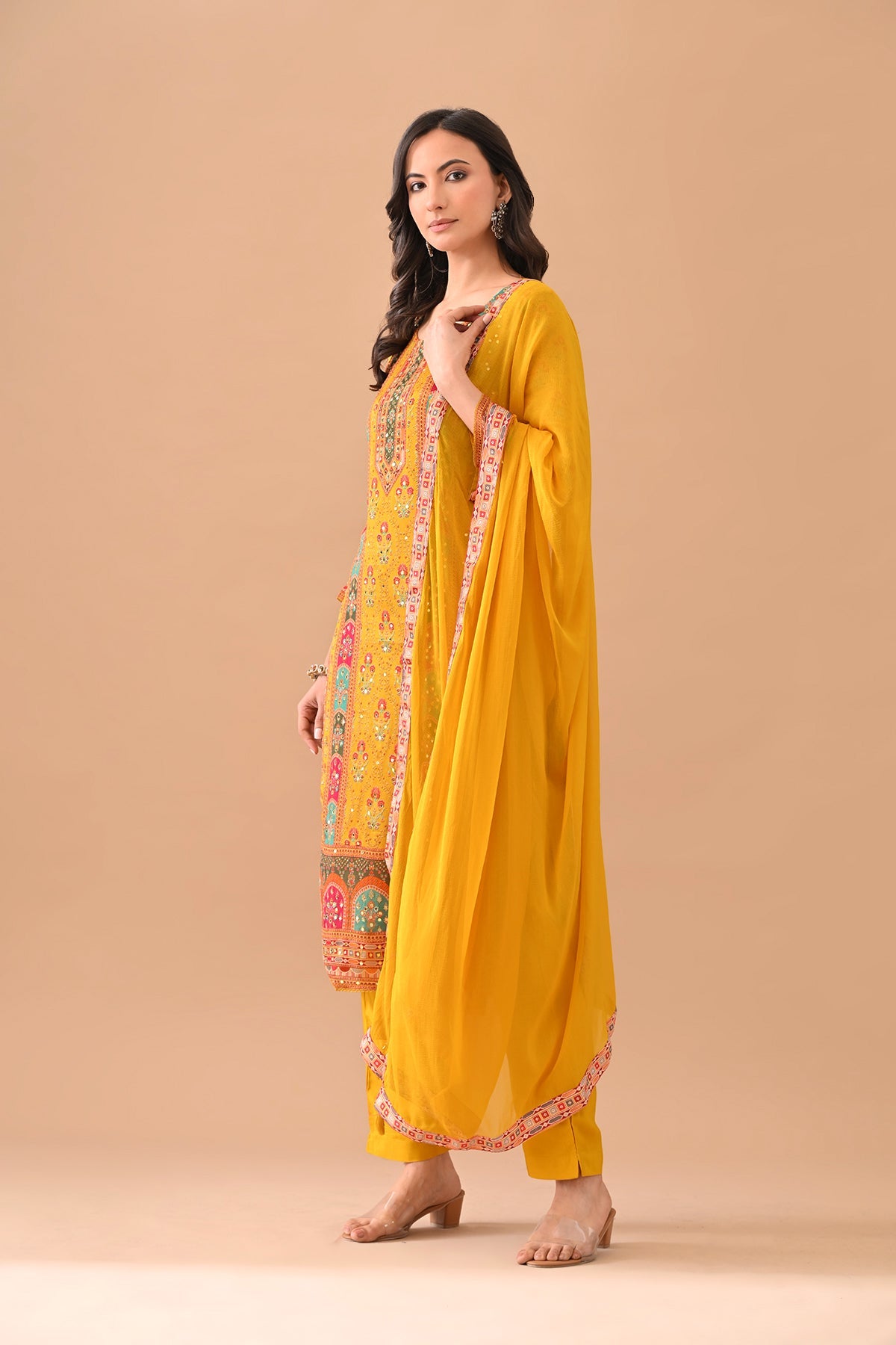 Mustard Embellished Kurta 3 Pcs Set