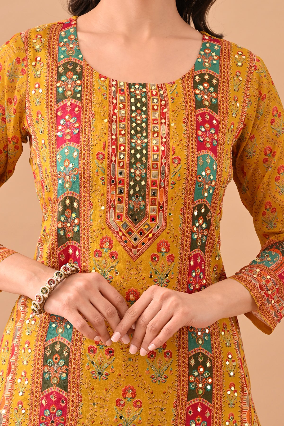 Mustard Embellished Kurta 3 Pcs Set
