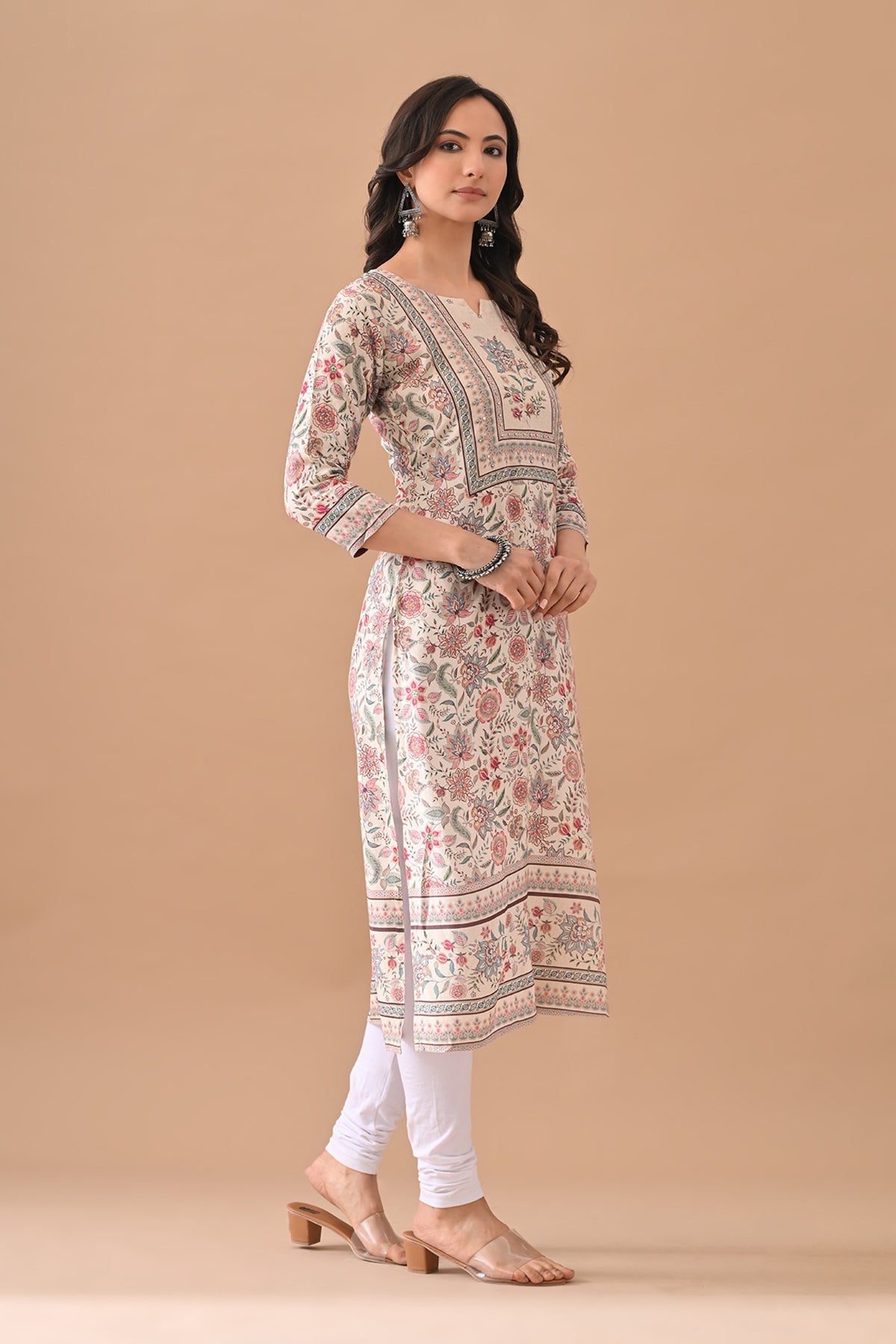 Cream Printed Straight Kurta