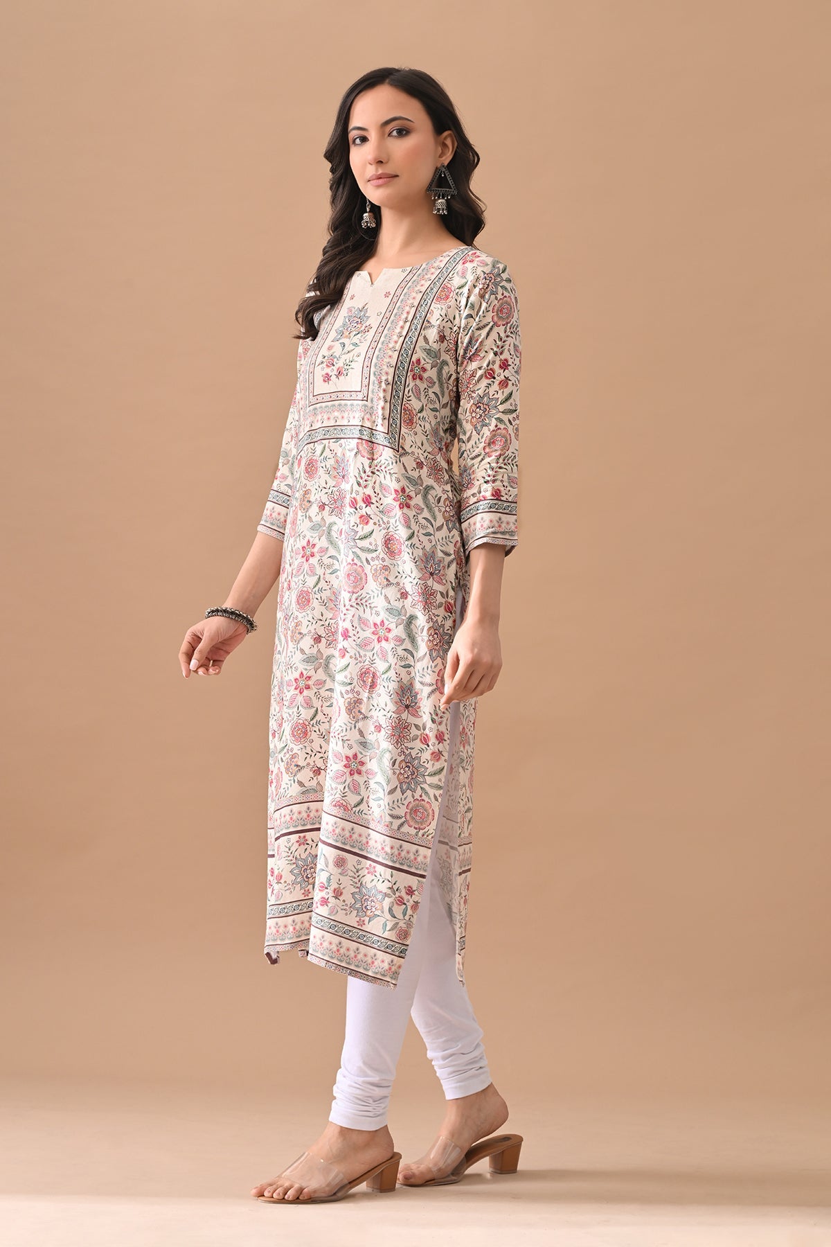 Cream Printed Straight Kurta