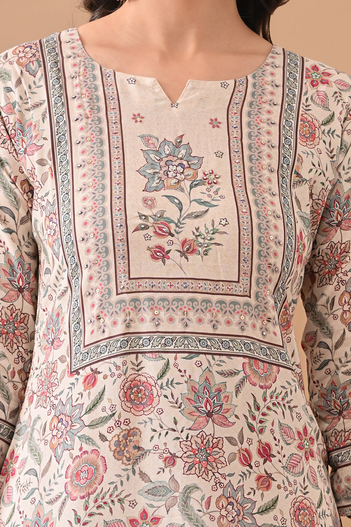 Cream Printed Straight Kurta