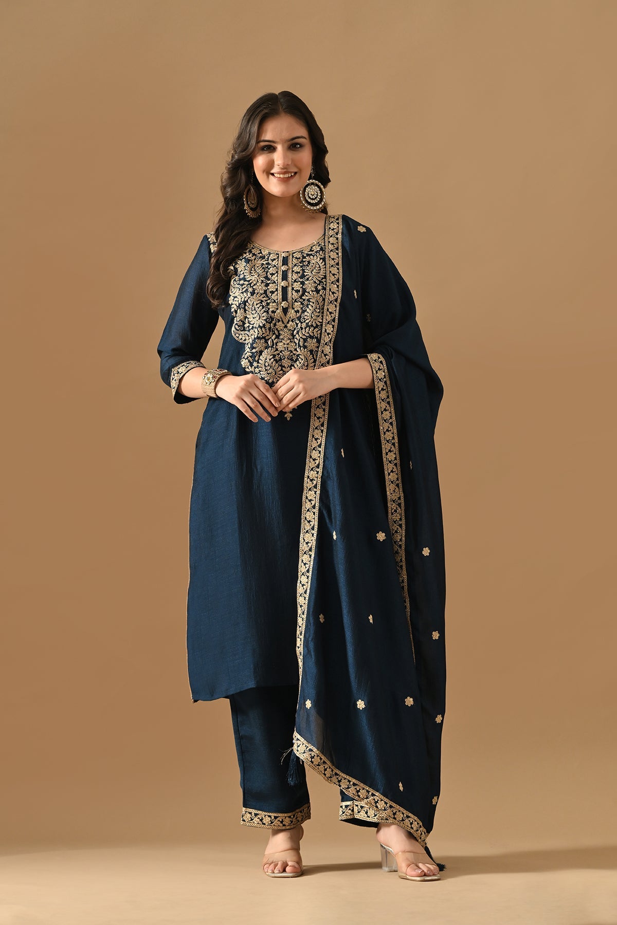 Teal Embroidered Kurta 3 Pcs Set