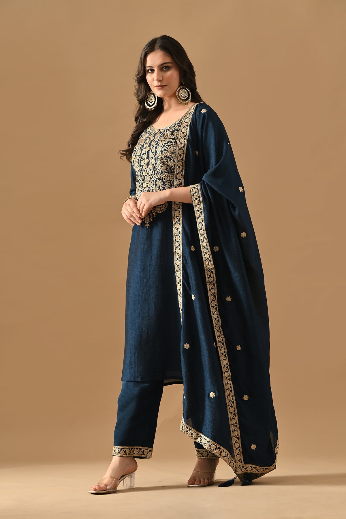 Teal Embroidered Kurta 3 Pcs Set
