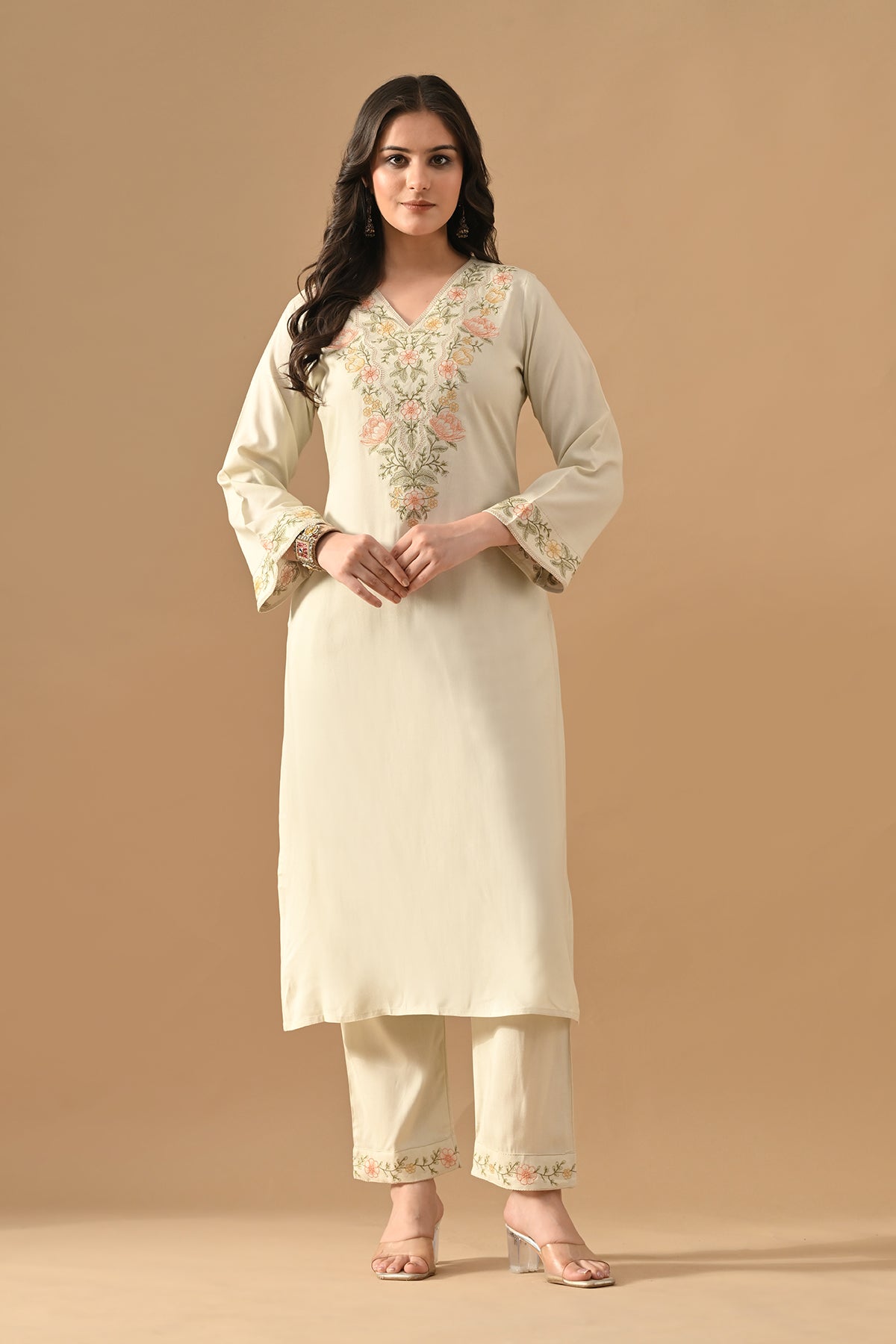 Cream Embroidered Kurta Set