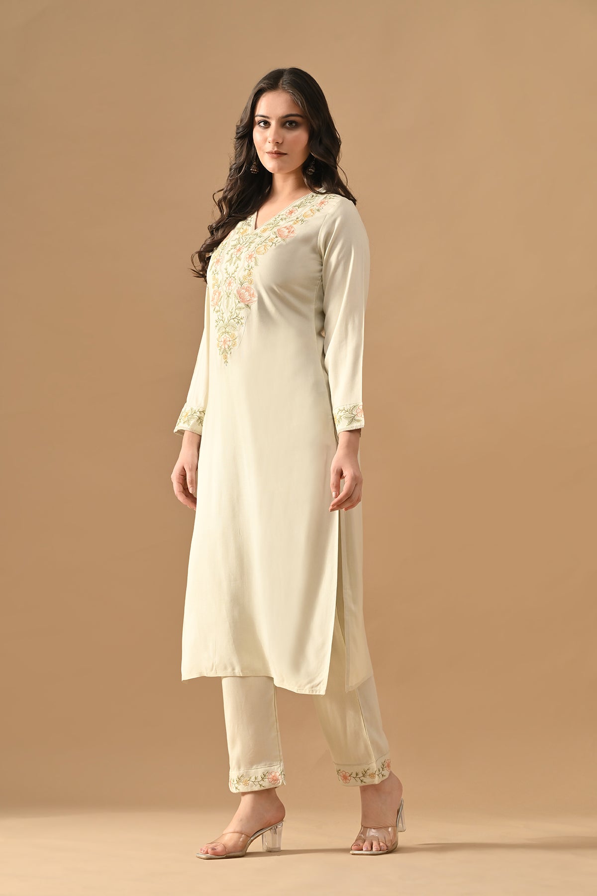 Cream Embroidered Kurta Set