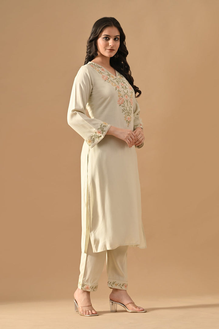 Cream Embroidered Kurta Set