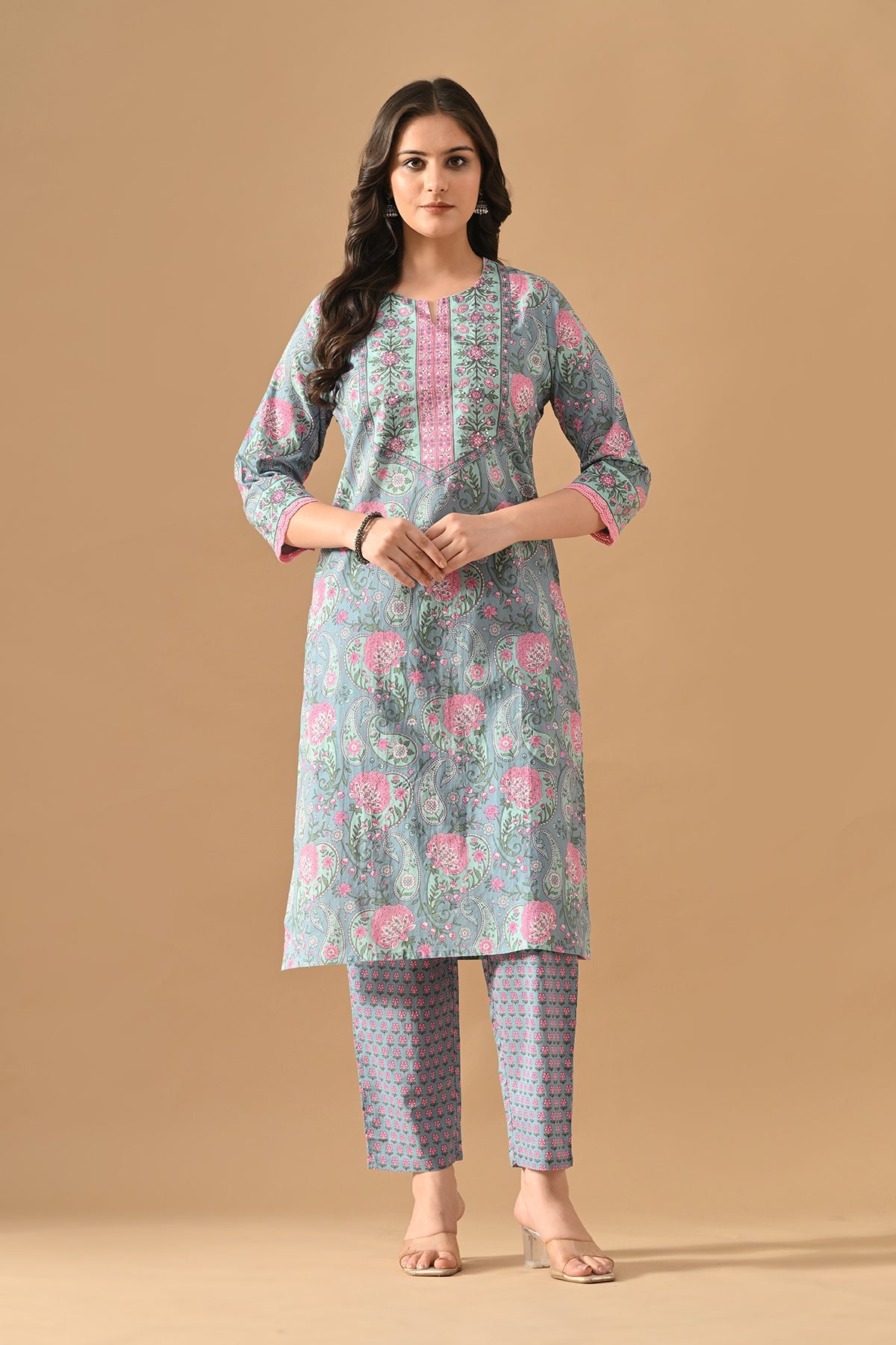 Blue Printed Kurta 3 Pcs Set
