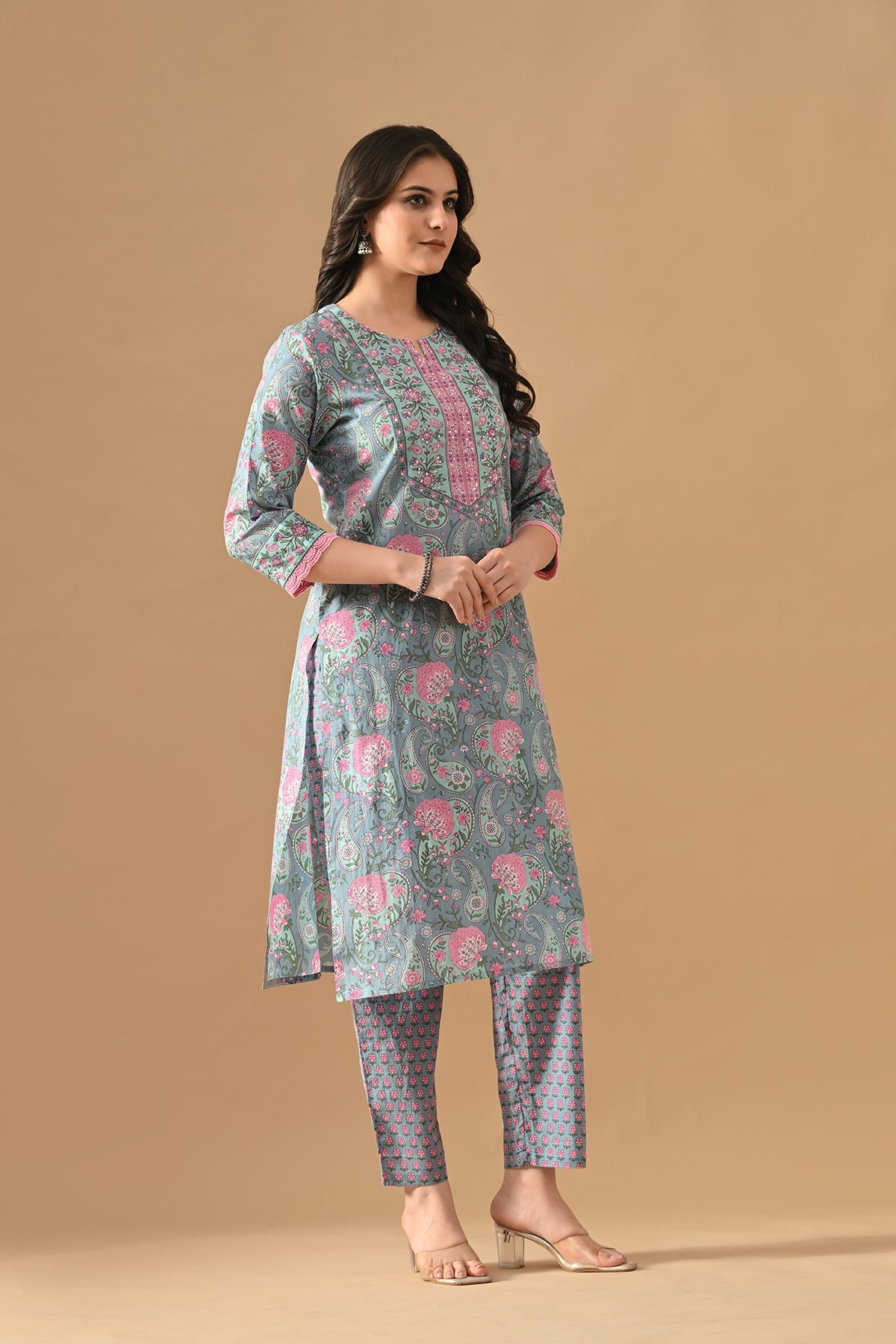 Blue Printed Kurta 3 Pcs Set