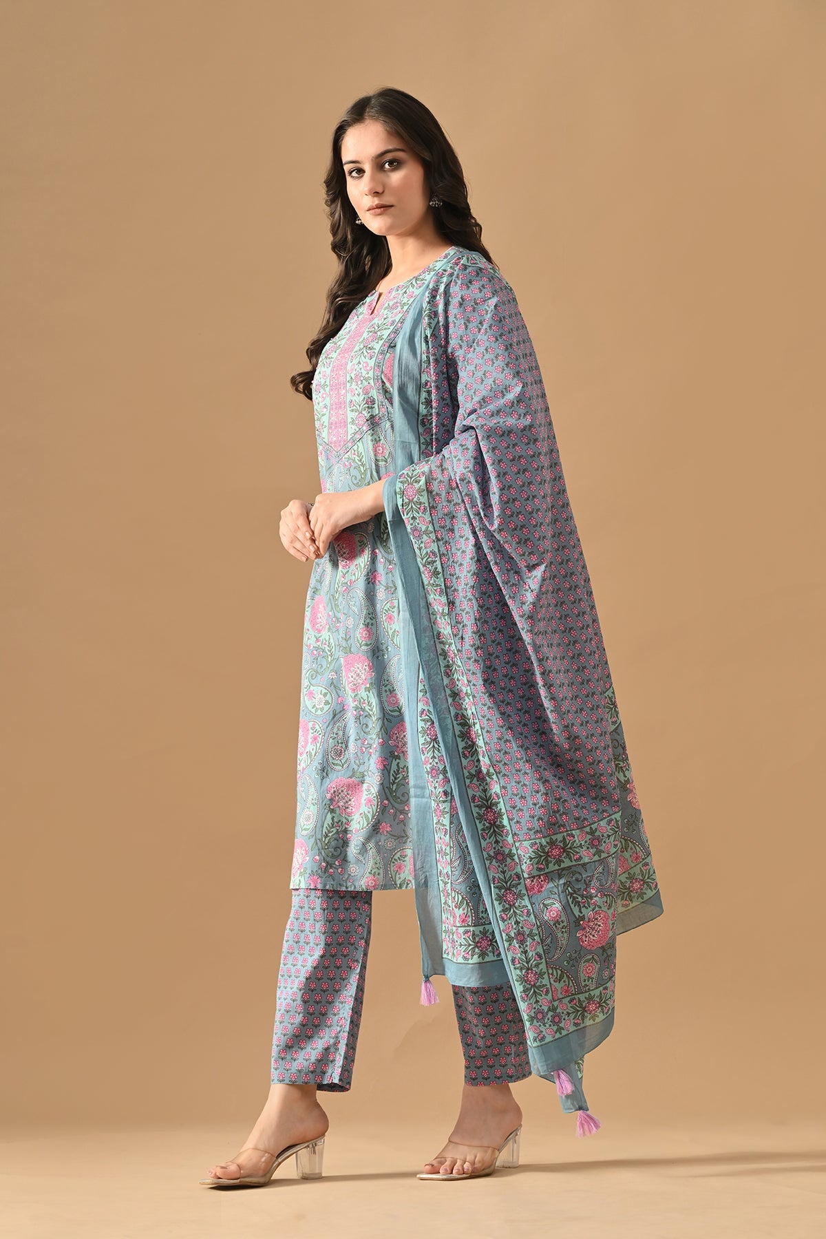 Blue Printed Kurta 3 Pcs Set