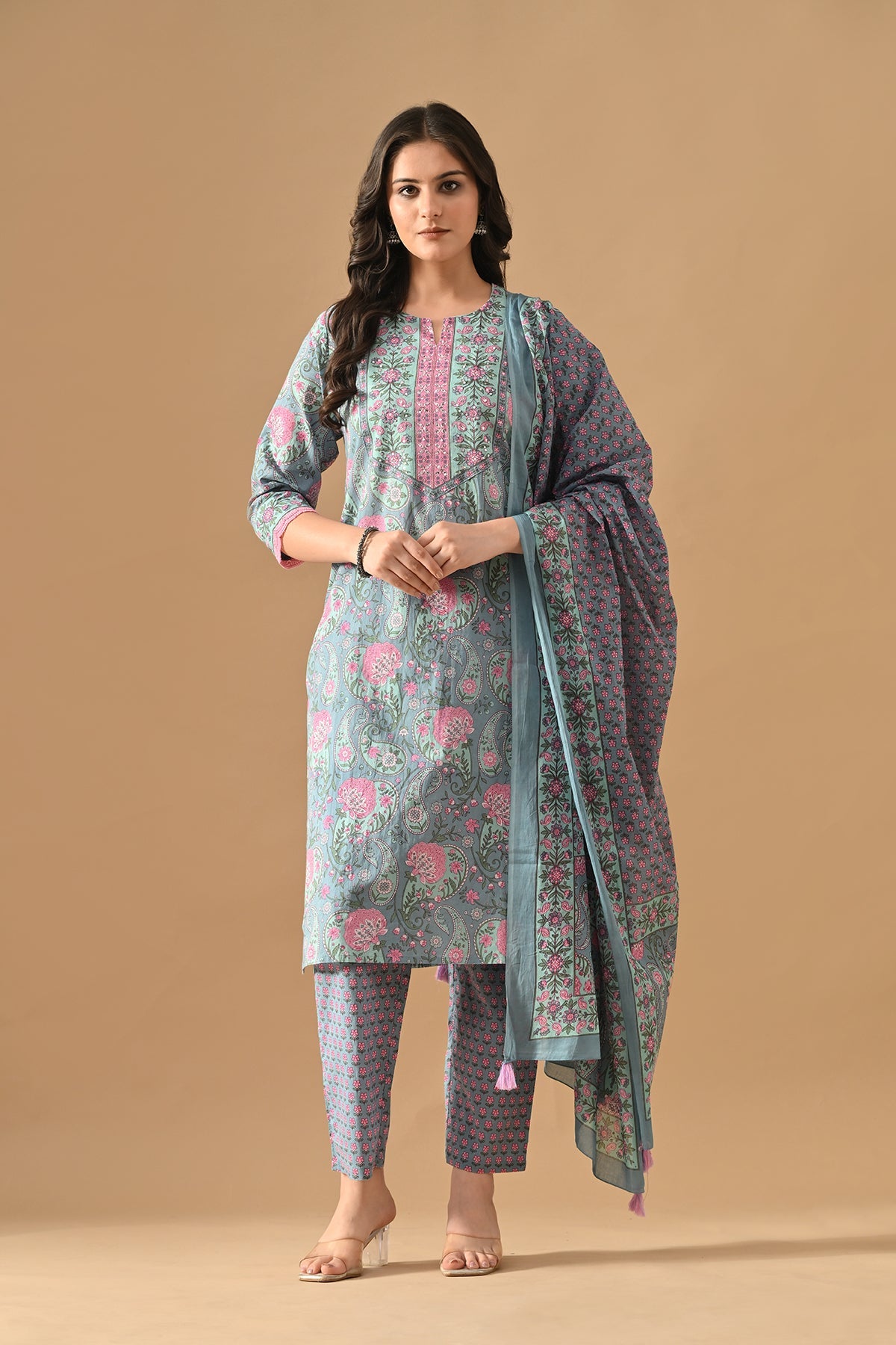 Blue Printed Kurta 3 Pcs Set