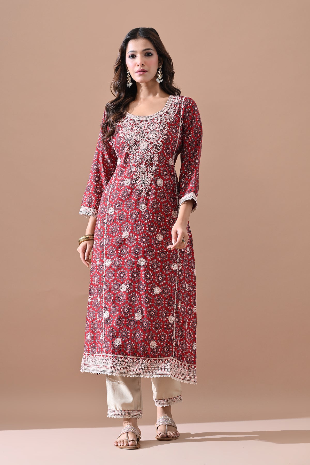 Maroon Embroidered Kurta 2 Pcs Set