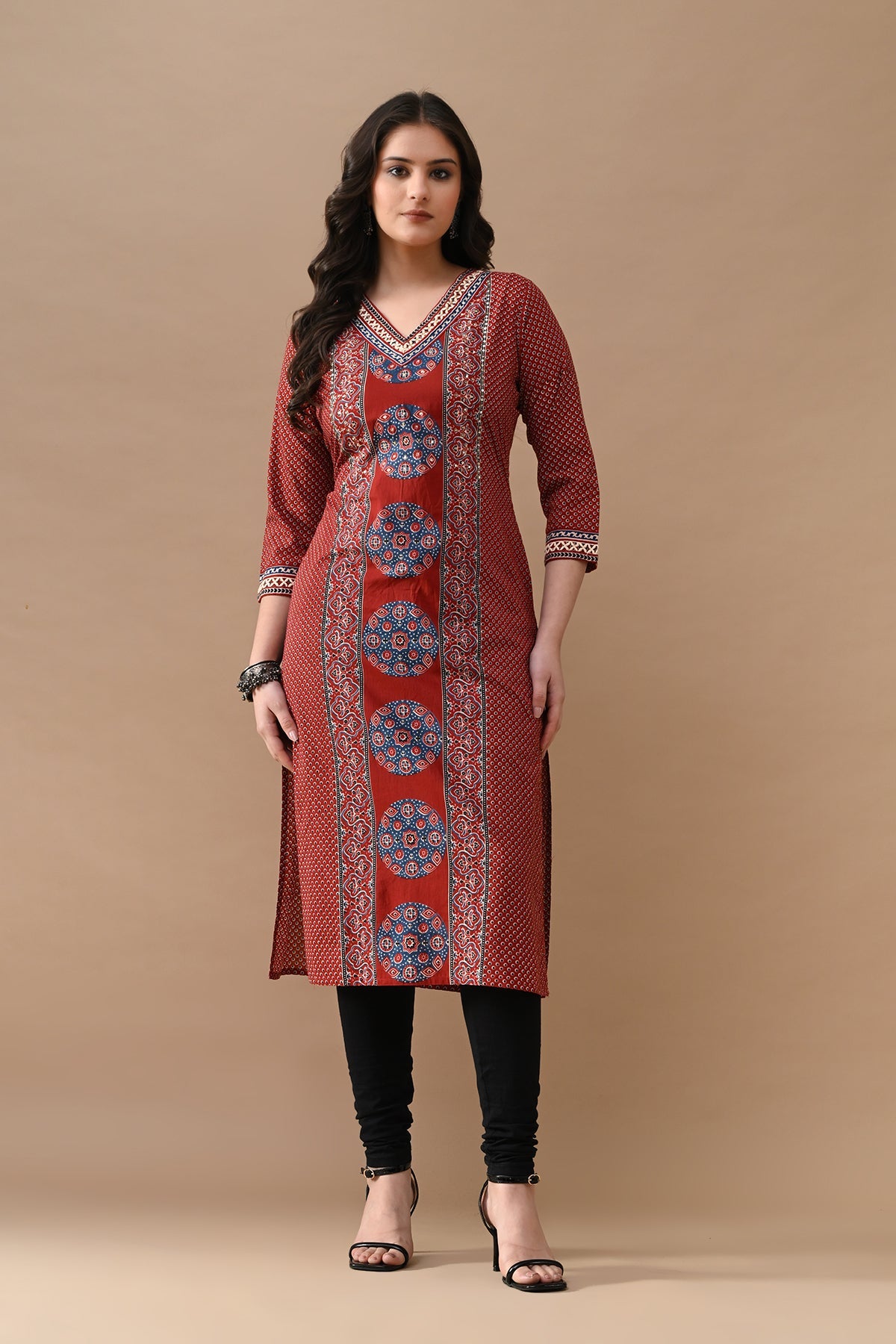 Rust Printed Straight Kurta
