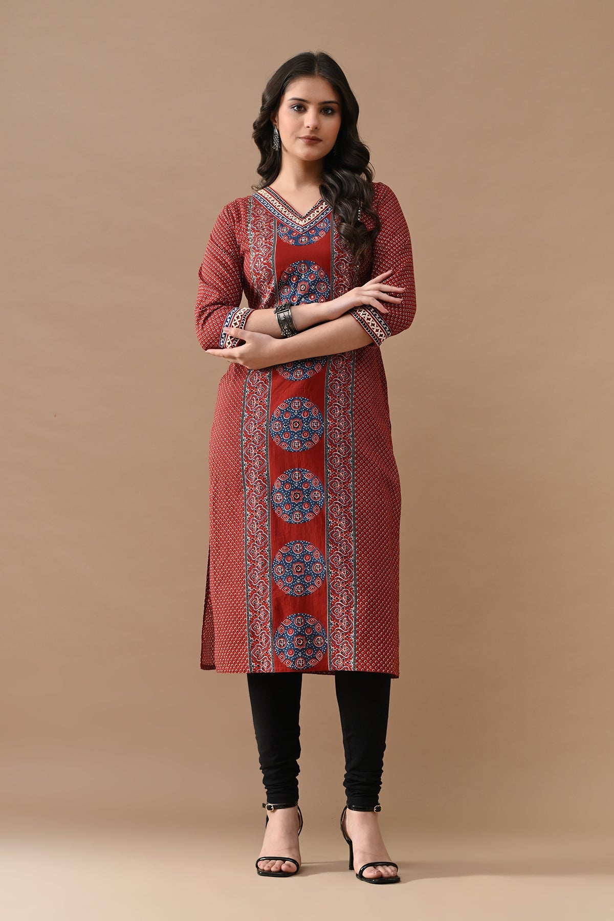 Rust Printed Straight Kurta
