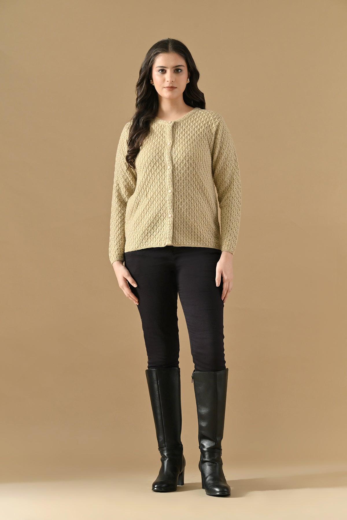 Winter Cream Self Design Woven Button-Down Cardigan