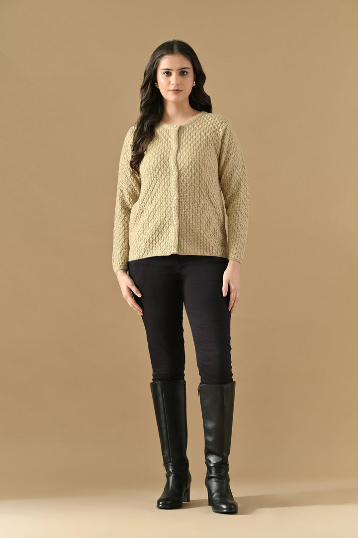 Winter Cream Self Design Woven Button-Down Cardigan