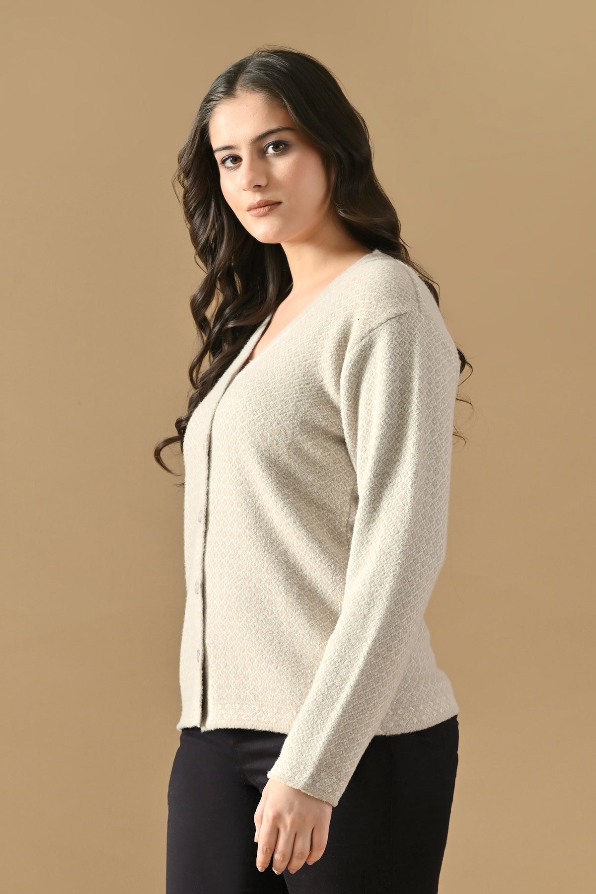 Winter Cream Self Design Woven Button-Down Cardigan