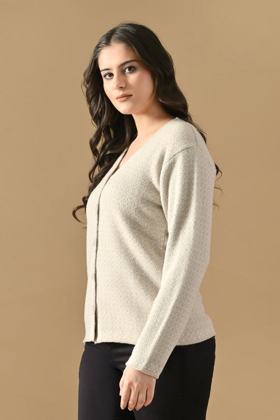 Winter Cream Self Design Woven Button-Down Cardigan