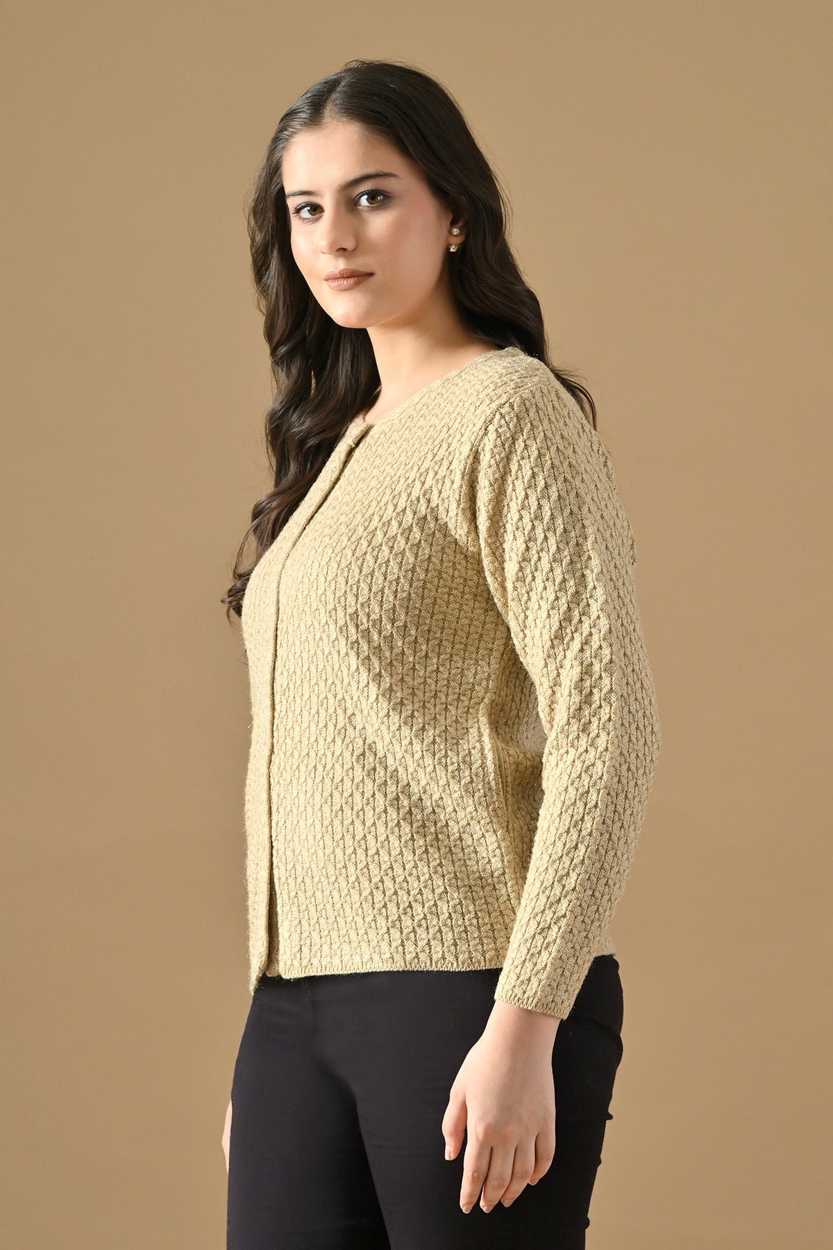 Winter Cream Self Design Woven Button-Down Cardigan
