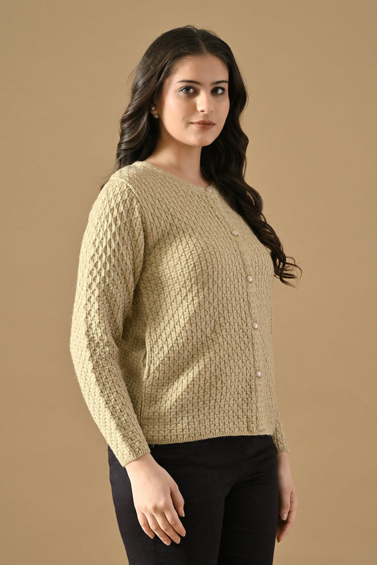 Winter Cream Self Design Woven Button-Down Cardigan