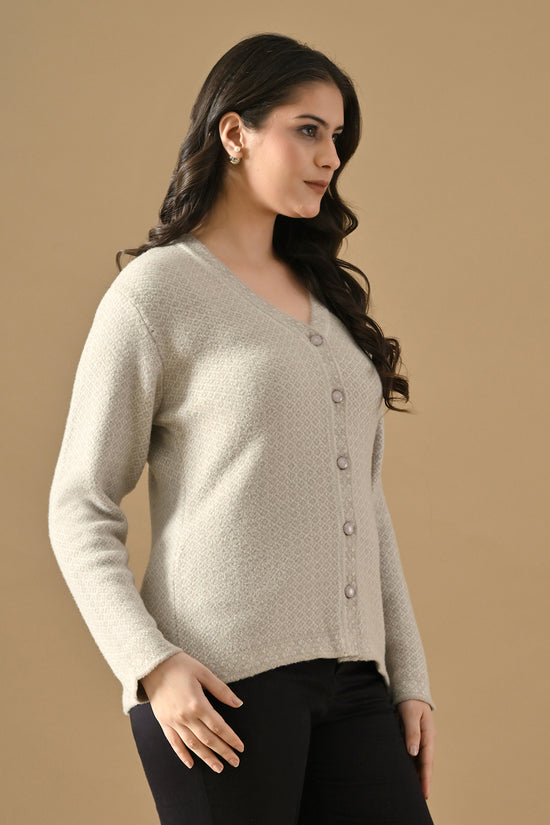 Winter Cream Self Design Woven Button-Down Cardigan