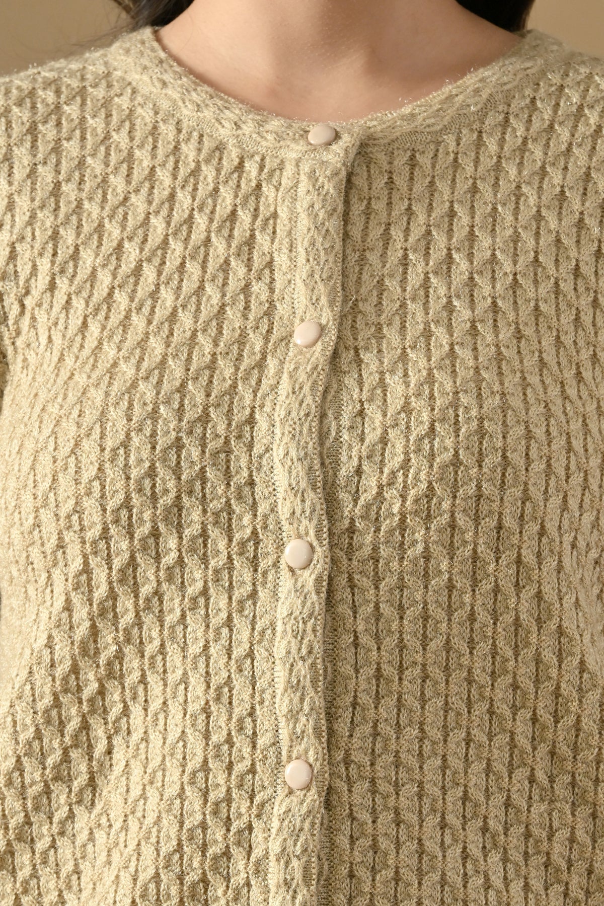 Winter Cream Self Design Woven Button-Down Cardigan