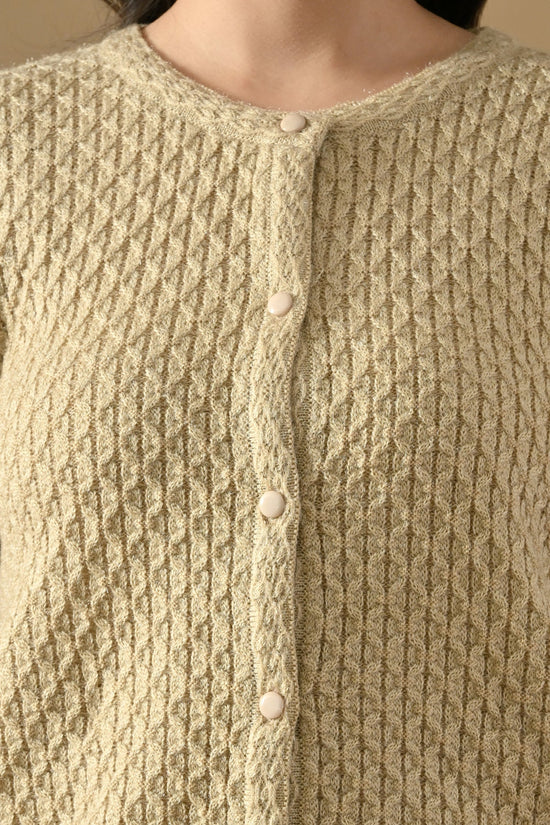 Winter Cream Self Design Woven Button-Down Cardigan