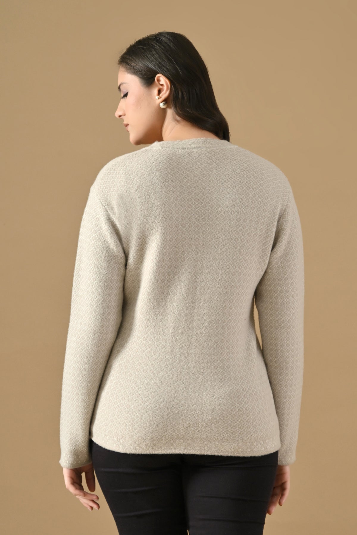 Winter Cream Self Design Woven Button-Down Cardigan