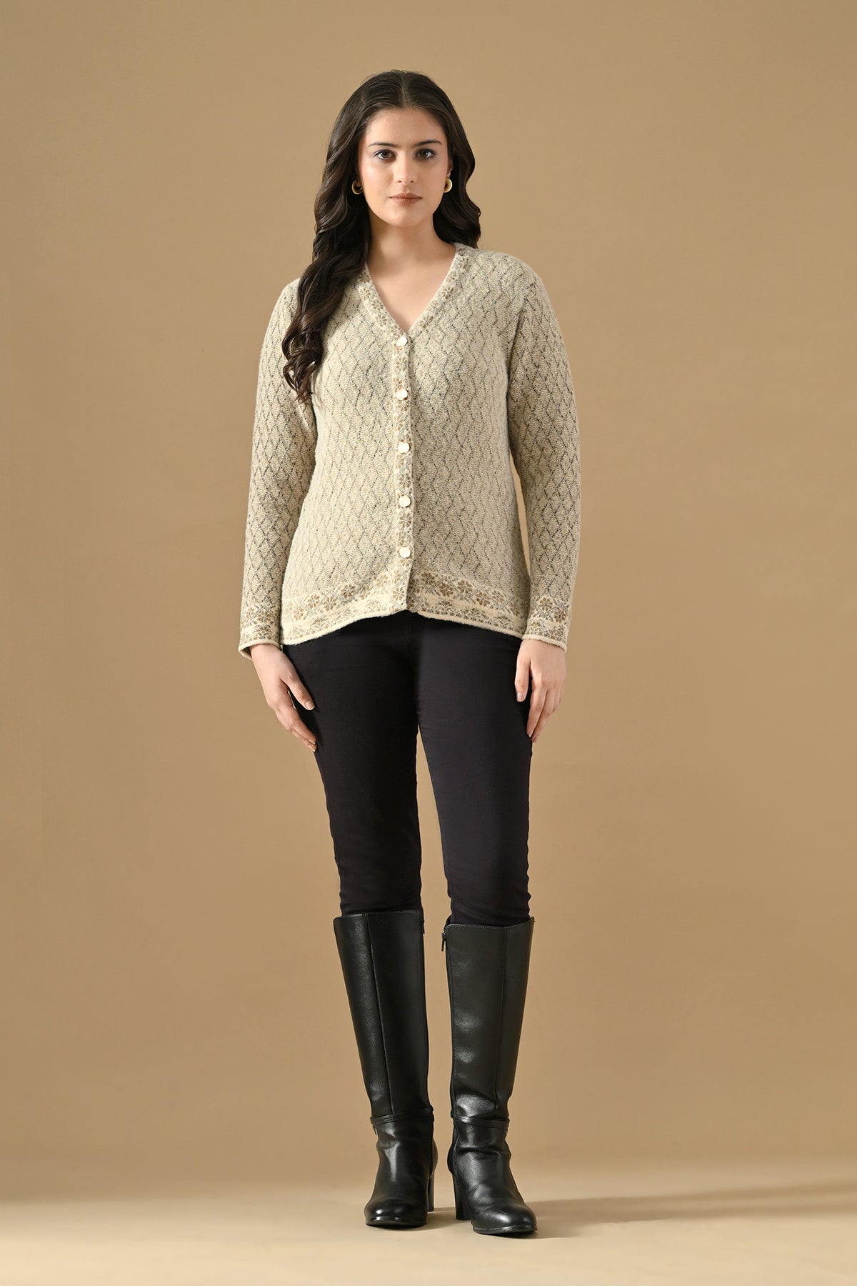Winter Cream Knitted V-Neck Cardigan