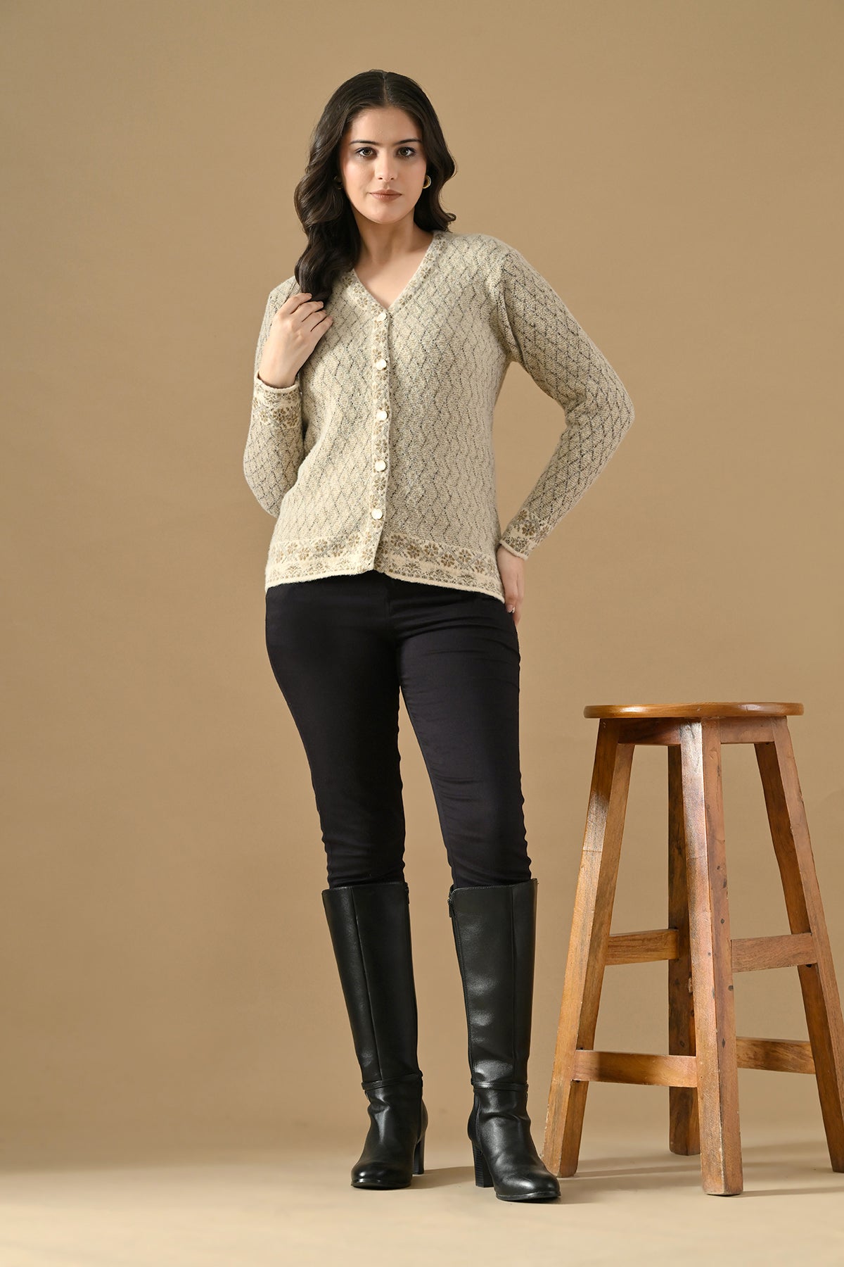 Winter Cream Knitted V-Neck Cardigan
