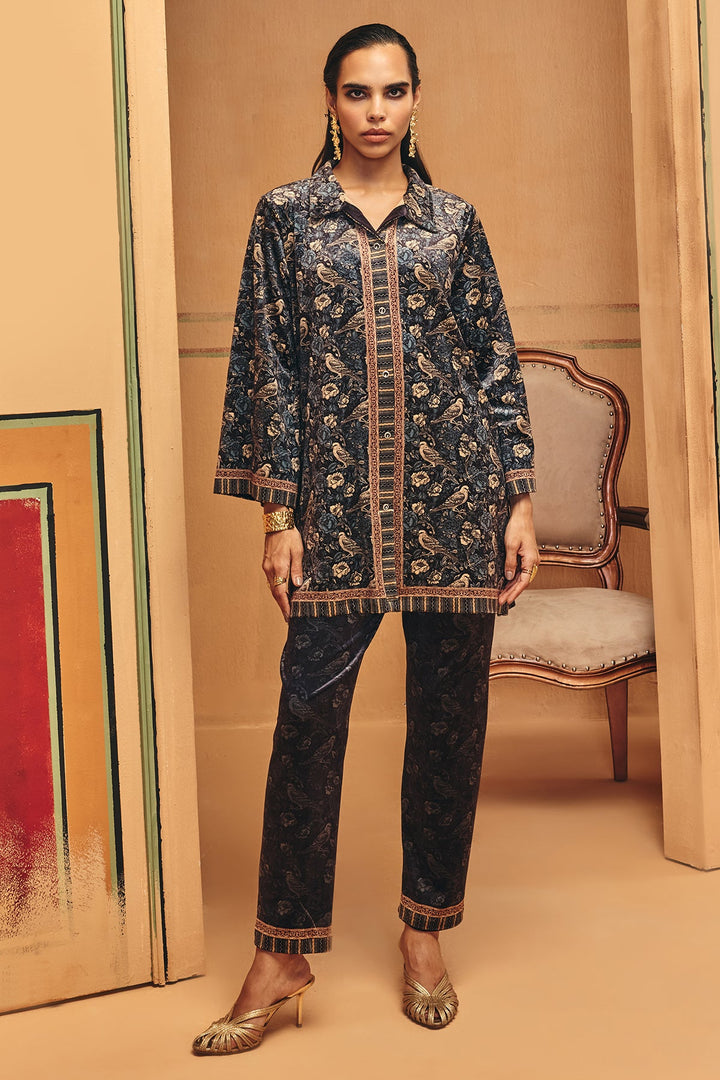 Winter Blue Printed Velvet Co-Ord Set